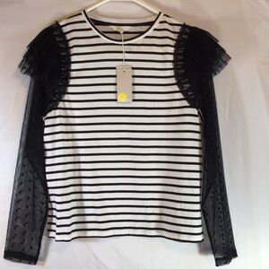 Boden Striped Ruffle Mesh Sleeve Top Size 8 NWT Black White Polka Dot Chic